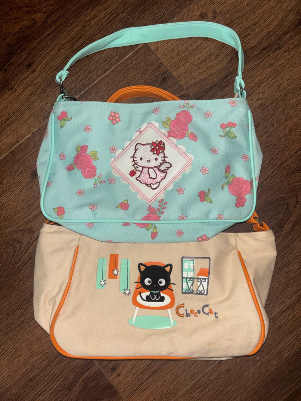 Hello Kitty Aqua Floral Shoulder Purse and Choco Cat Orange and Tan Bundle